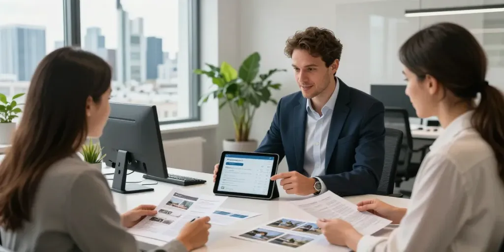 Bester Immobilienmakler Frankfurt in einem modernen Büro bei der Beratung von Kunden.