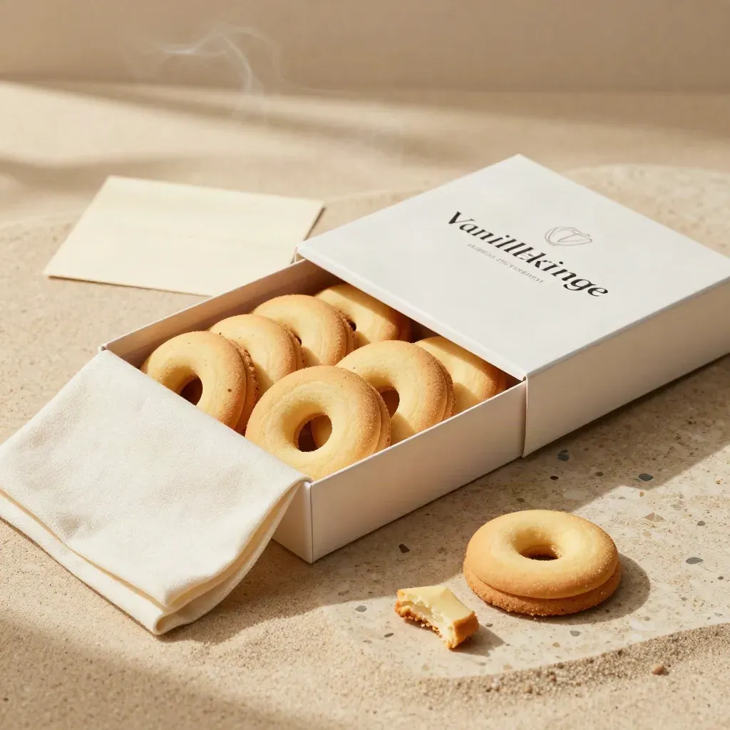 Vanillekringel-Box mit Keksen, Serviette und Bruchstücken auf hellem Stein