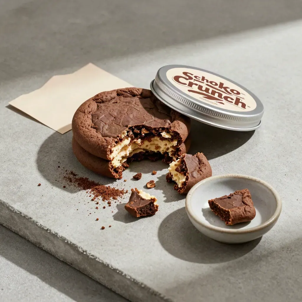 Schoko-Crunch-Döschen mit Keksbruch, Krümeln und Schale auf kühlem Beton.