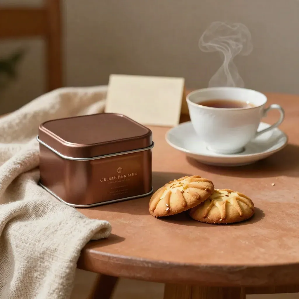 Kakao-Butterkekse-Döschen mit Tasse, Untertasse, zwei Keksen und Leinen auf warmem Terrakotta-Tisch