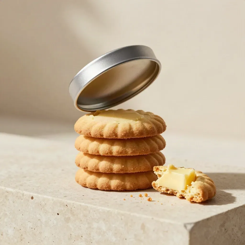 Offene Butterkeks-Dose mit Mini-Keksen und Krümeln auf hellem Travertin.