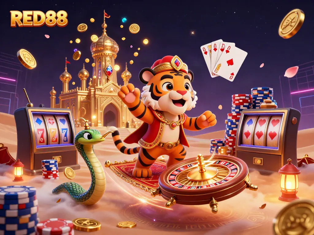 Experience the vibrant world of RED88 with an enchanting casino scene featuring a tiger sultan, gold, and gaming elements.