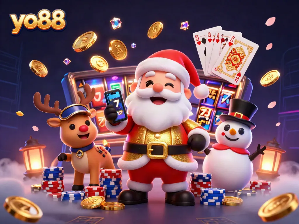 Spin to win with yo88's vibrant casino scene featuring Santa and friends amidst cascading coins.