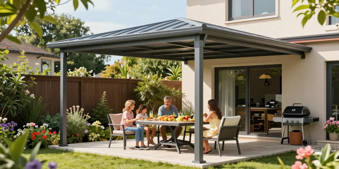 Moderne freistehende Terrassenüberdachung im Garten, die eine einladende Essenszene unter einem Aluminiumdach zeigt.