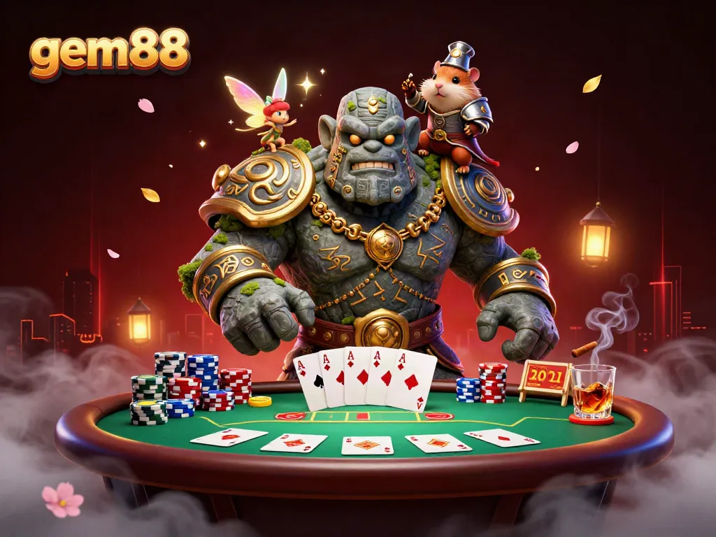 Experience gem88's thrilling casino adventure with a magical illustration of a golem, fairy, and knight amidst poker elements.