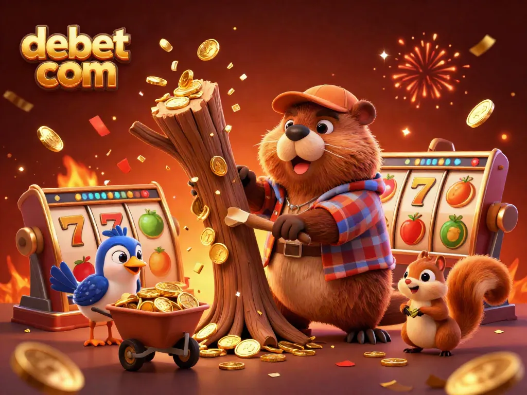Exciting gaming action with debet com as beaver and friends collect golden coins from a tree in a vibrant casino scene