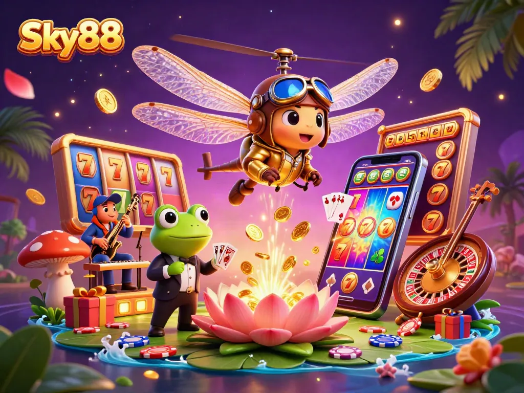 Experience thrilling gameplay at Sky88 with a vibrant casino scene featuring a dragonfly pilot and frog croupier dealing cards.