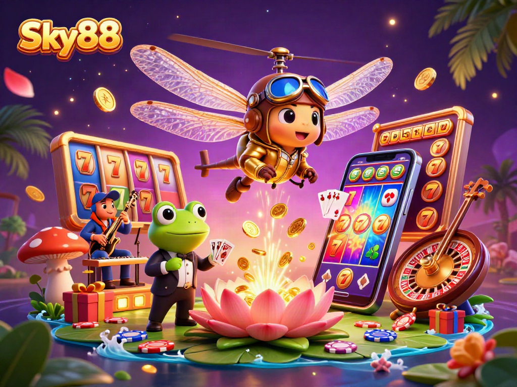 Experience thrilling gameplay at Sky88 with a vibrant casino scene featuring a dragonfly pilot and frog croupier dealing cards.