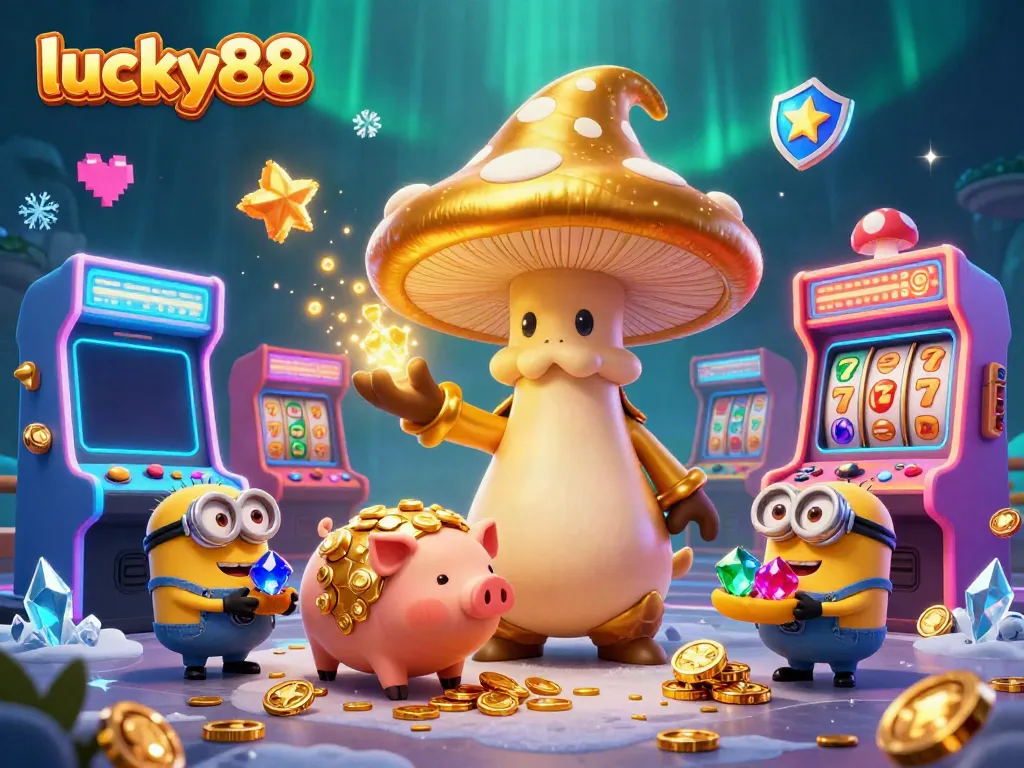 Experience the thrill of winning at lucky88 with a magical mushroom wizard and treasure in this vibrant casino illustration.