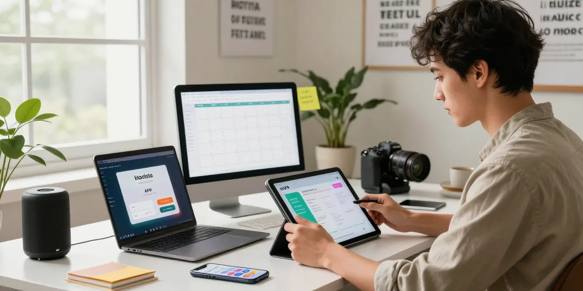 Honista atualizado workspace showcasing a professional using the app on a tablet, modern desk with tech devices, energetic atmosphere.