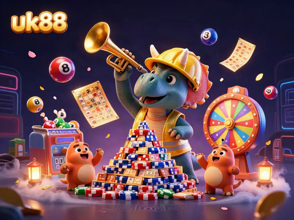 Cheerful triceratops builds poker chip pyramid at uk88, surrounded by vibrant lottery elements.