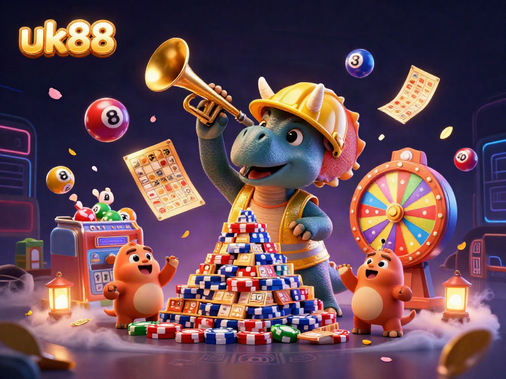 Cheerful triceratops builds poker chip pyramid at uk88, surrounded by vibrant lottery elements.