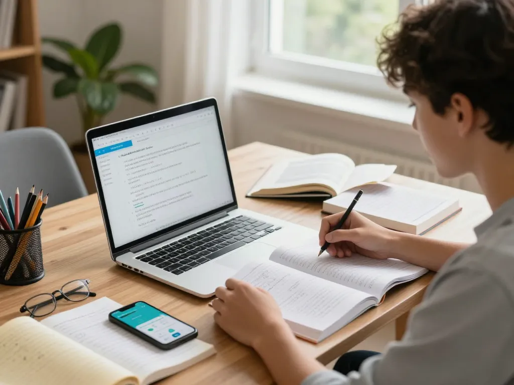 Schüler benutzt die Hausaufgaben KI kostenlos App auf dem Laptop in einem gemütlichen Lernbereich.