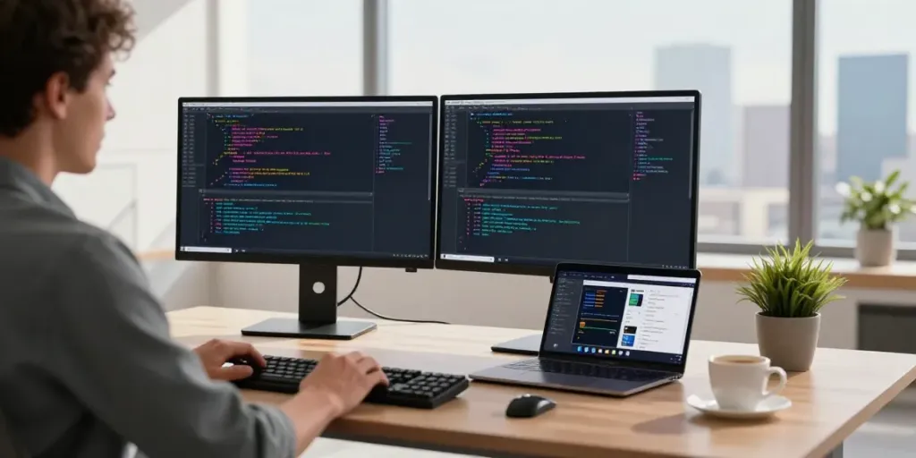 快连 technology workspace with a developer coding at dual monitors and modern desktop elements.