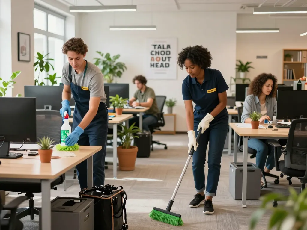 Professionelles Unterhaltsreinigungsteam – Münster & Umgebung reinigt einen modernen Büroraum, um ein hygienisches Arbeitsumfeld zu gewährleisten.