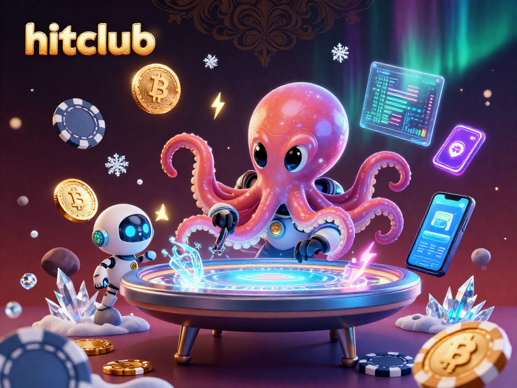 hitclub showcases an alien octopus operating a high-tech poker table in a vibrant casino universe