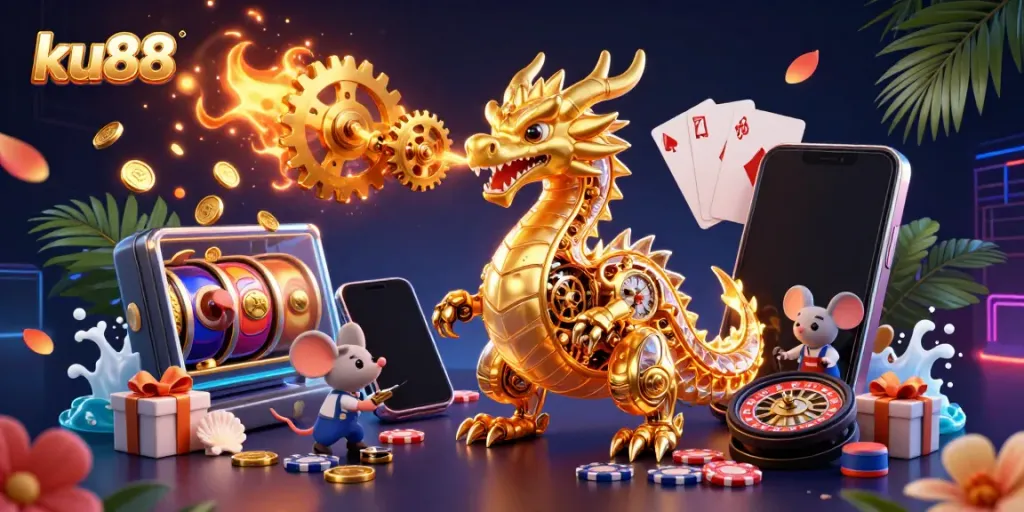 Engage with ku88's vibrant gaming world featuring a golden dragon and riches from the slot game.