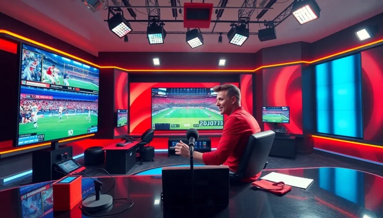 Captivating scene showcasing sports broadcasting with a lively anchor in a dynamic studio environment.