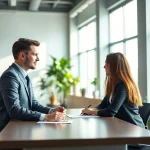 Headhunter Schweiz trifft Kandidaten in einem modernen Büro mit heller Atmosphäre.
