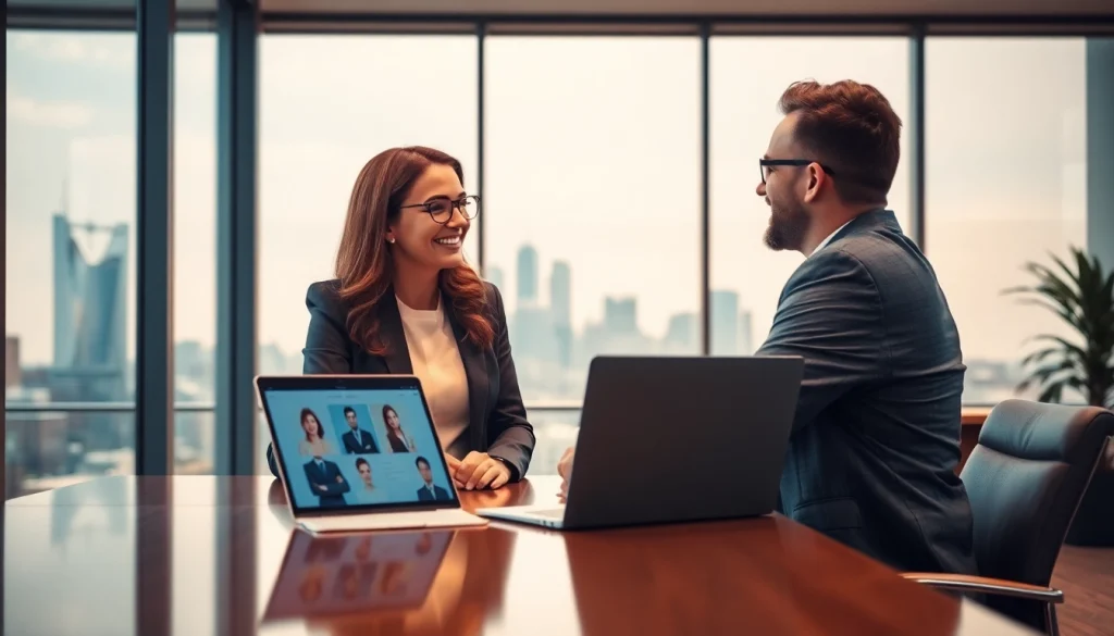 Interaktion mit einem Headhunter Schweiz in einem modernen Büro, zeigt einen freundlichen Austausch.