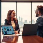 Interaktion mit einem Headhunter Schweiz in einem modernen Büro, zeigt einen freundlichen Austausch.