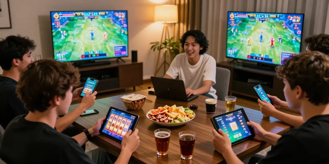 Players enjoying games on https://b52club.radio.fm/ in a lively gaming environment, showcasing tablets and mobile screens.