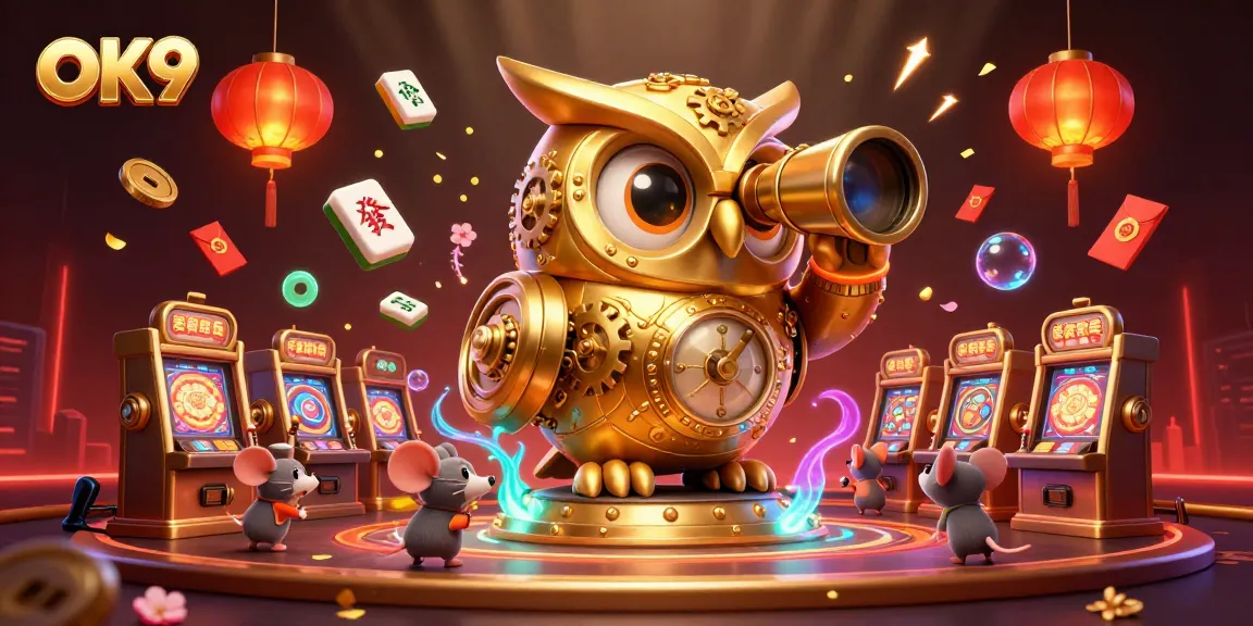 Engage in thrilling gameplay at OK9 with a clockwork owl overseeing the vibrant casino floor filled with action.