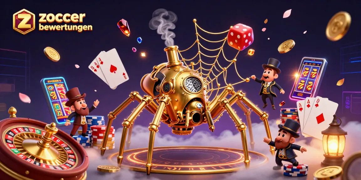 Zoccer casino bewertungen showcases a lively 3D scene with a golden spider and playful characters engaging in thrilling casino activities.